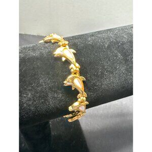 Gold Tone Dolphin Link Bracelet Mother of Pearl Accents 7.5 Inches Womens Jewelr